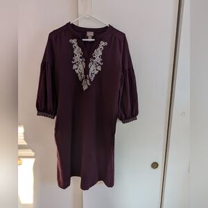 Chicos 0 Burgundy Embroidered Dress With Pockets Women's Small To Medium Fit